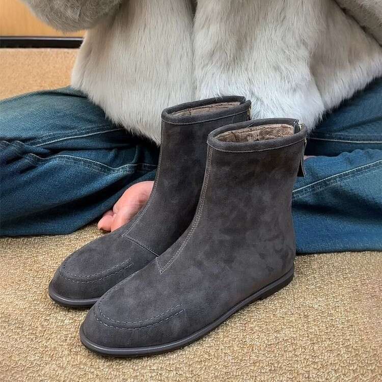 Korean Style Niche Minimalist Suede Round Toe Back Zipper Flat Slim for Women Autumn Winter Versatile Martin Short Boots