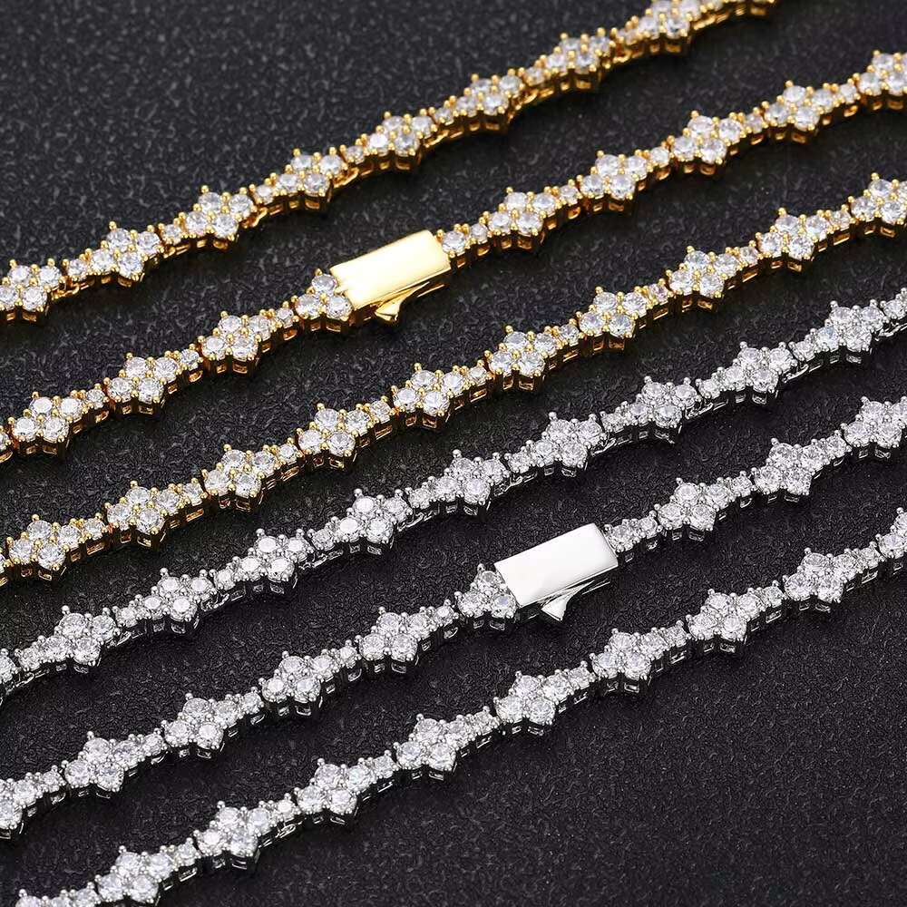 NUOYA 6.5mm Iced Out VVS Diamond Flower Shape Tennis Chain Hip Hop Jewelry 925 Sterling Silver Moissanite Tennis Chain Necklace