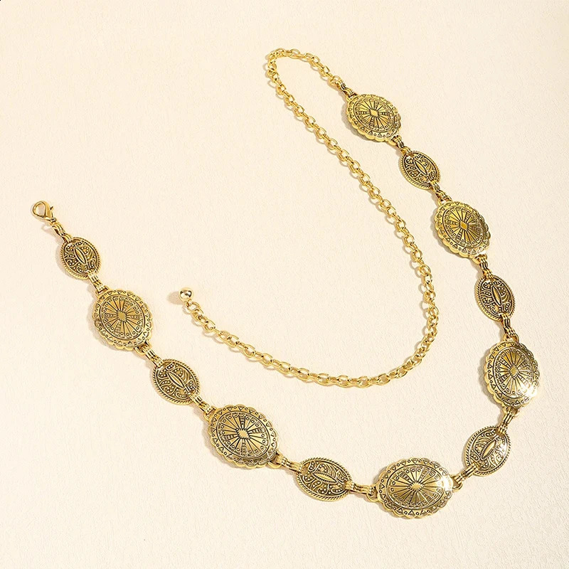 Retro style womens metal waist chain accessories Decorative circle carved chain belt high style accessories 250523