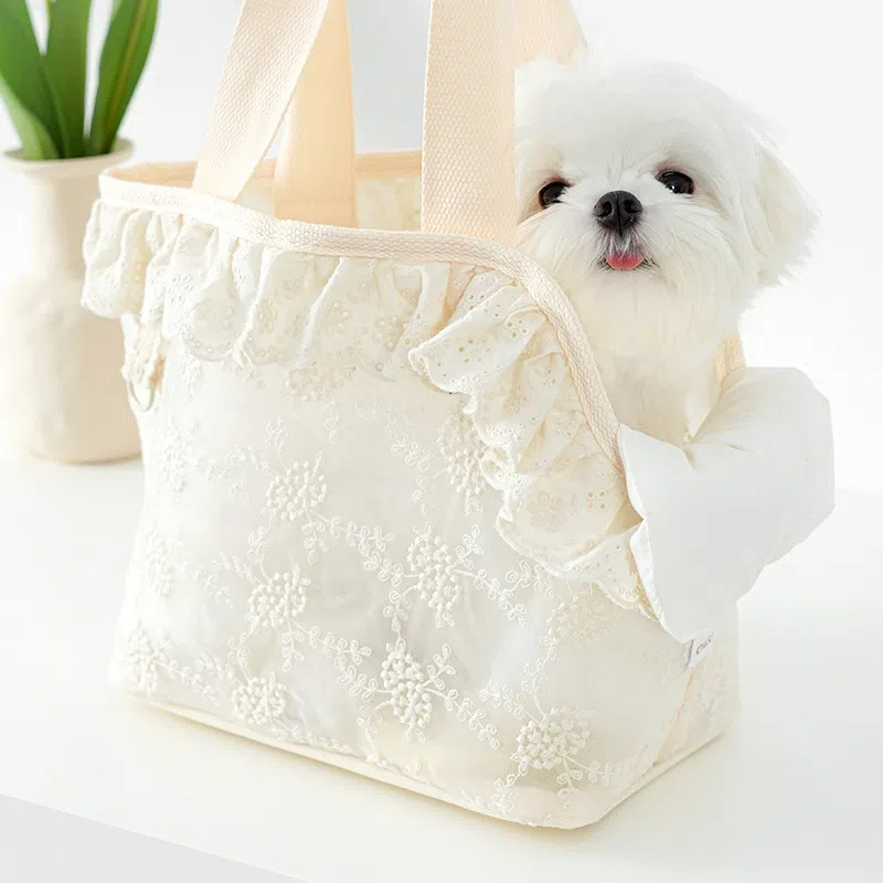 Elegant Lace Mesh Pet Carrier Tote Bag for Small Dogs & Cats - Breathable Travel Shoulder Bag with Safety Lock & Removable Cushion - Perfect for Summe
