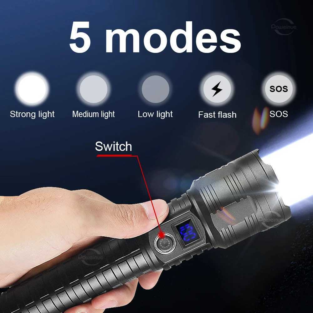 1000000 LM 10000mAh High Power LED Flashlights Zoom Long Range Torch USB Rechargeable LED Torch Powerful Strong Tactical Lantern XJ250529
