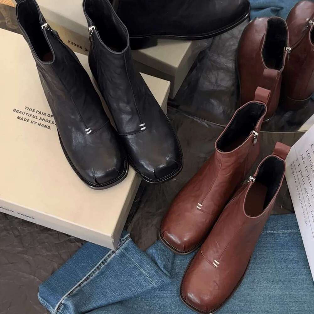 Korean Versatile Square Toe Chelsea Slim for Women 2024 Autumn Winter Thick Heel Platform Side Zipper Martin Boots