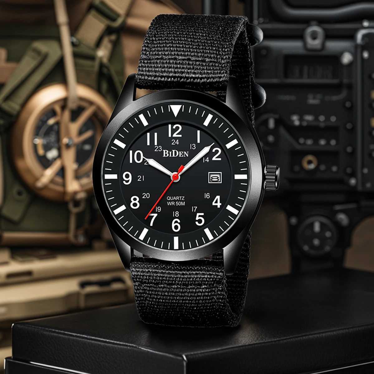 BIDEN Fashionable Mens Sports Quartz Watch Simple Nylon Strap Night Light Automatic Date Waterproof Mens Watch W250529