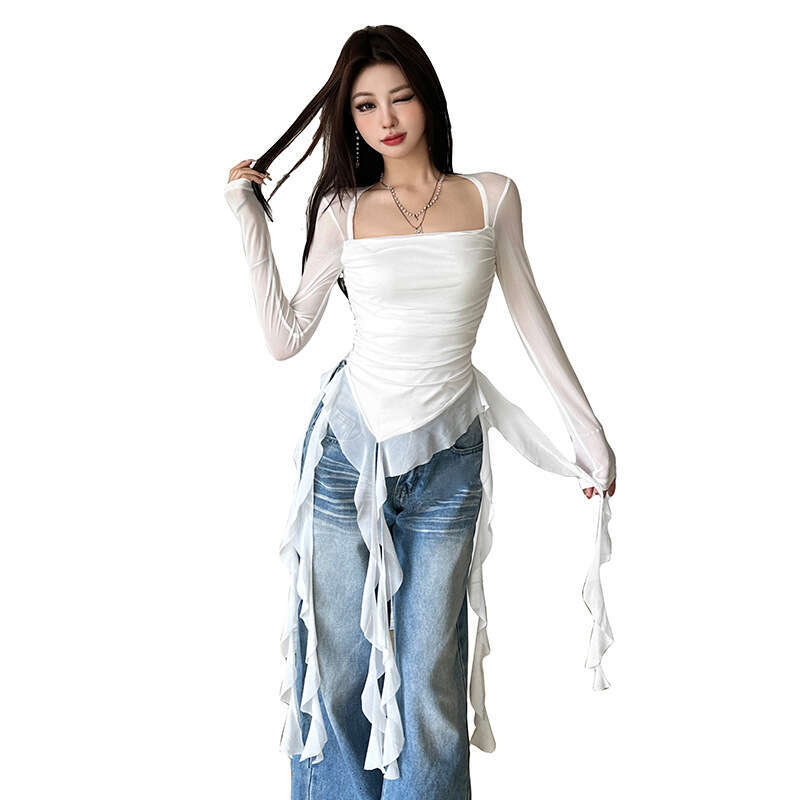 Autumn New Women's Fashion Sexy Square Neck Sheer Slim Fit Top With Ruffle Irregular T-Shirt B5