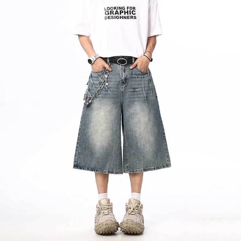Summer New Mens Oversized Wide Shorts Lightning Cracked Y2k Baggy Jeans Washed Strtwear Fashion Loose Calf-length Denim PantsC250528