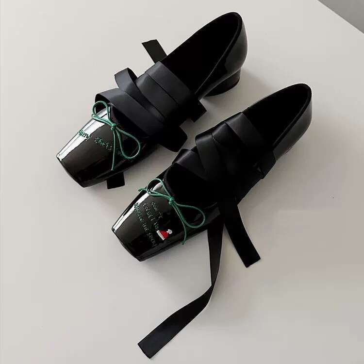 Genuine Leather French Letter Bowknot Shallow Square Toe Single for Women 2025 Spring Chunky Heel Ballet Mary Jane Shoes