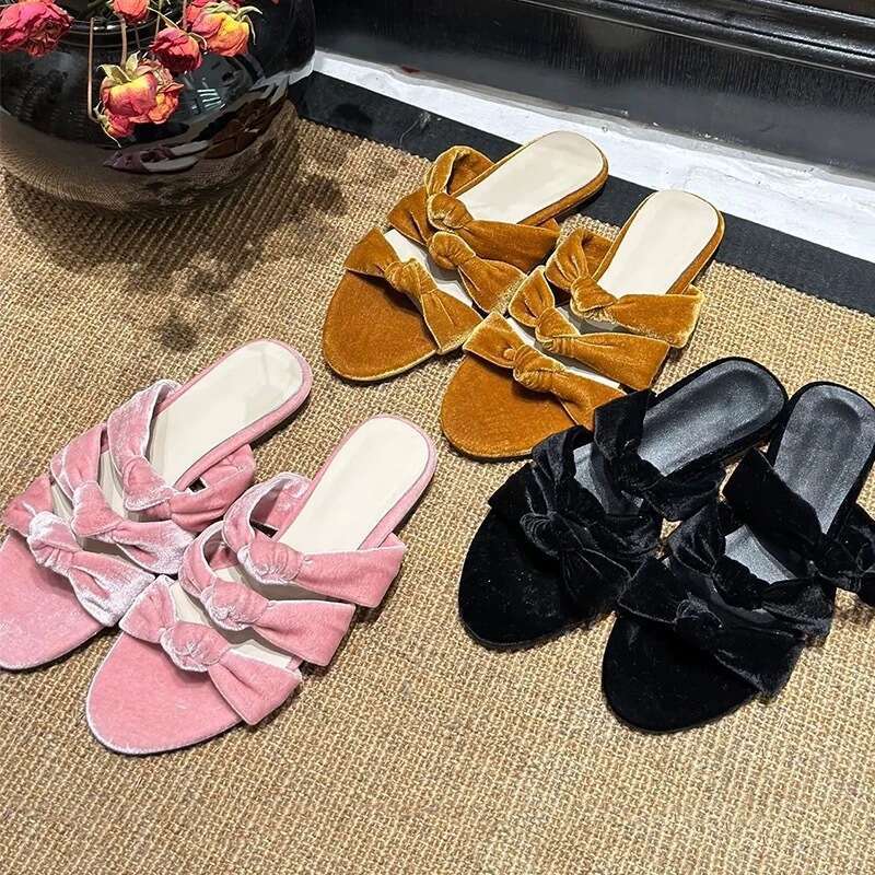 Sheepskin Version ~ Korean Style Velvet Flat One-Strap Knotted Open-Toe Sandals for Women Outdoor 2025 Summer Slippers