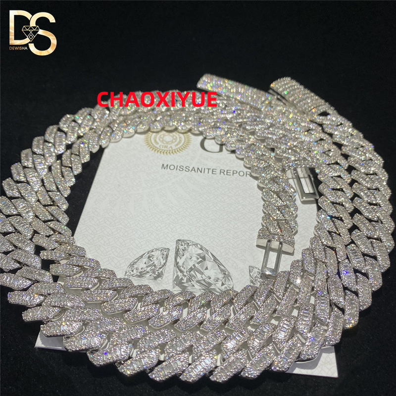 New Fashion 15mm Hip Hop Mens S925 Silver Plated Moissanite Diamond Iced Out Cuban Chain Necklace