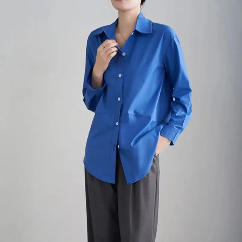 Womens Blue Shirt Spring And Autumn Long Sleeve Solid Color Casual Outdoor Top Korean Style Blouses For Ladies Fashion Shirts 250529Z