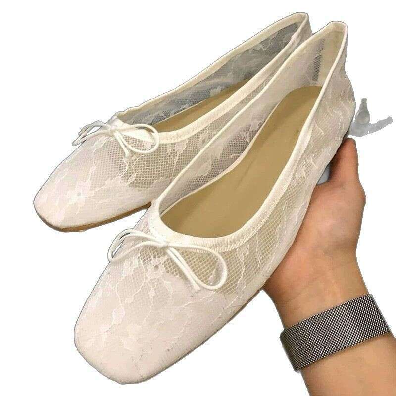 Genuine Leather Korean Style Mesh Lace Bow Ballet for Women 2025 Spring Summer Versatile Square Toe Shallow Mouth Flat Shoes