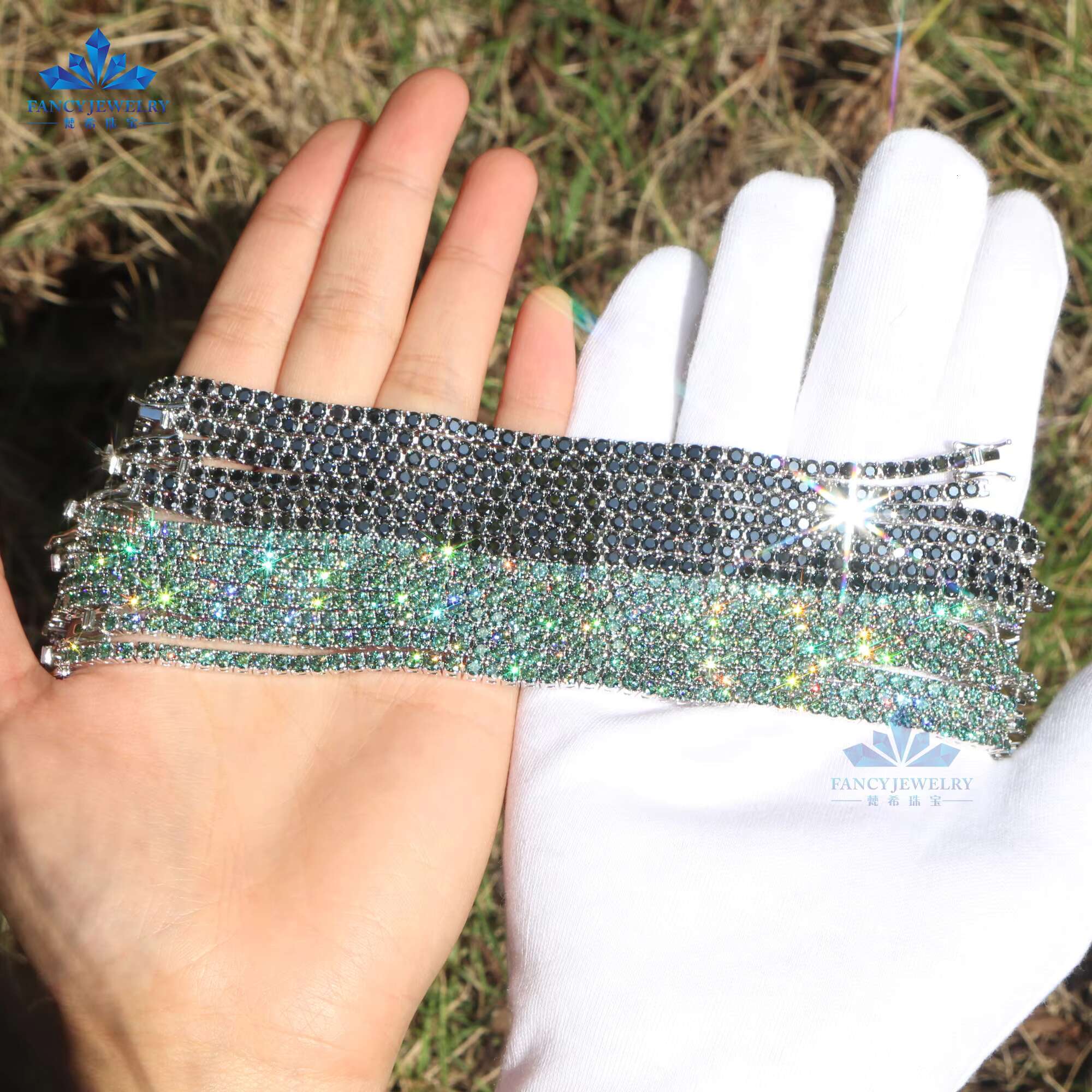 Dropshipping 3mm 4mm 5mm 925 Sterling Silver VVS Moissanite Diamond Cluster Tennis Chain Black Green Moissanite Tennis Bracelets