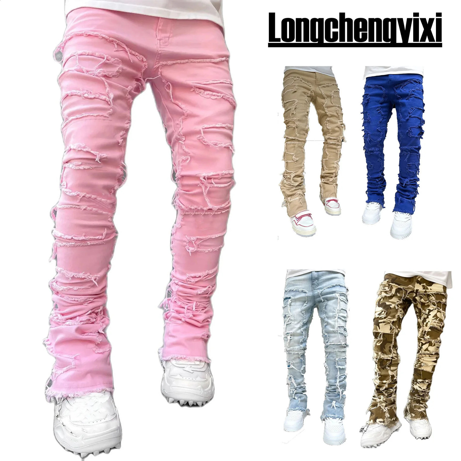 Mens Regular Fit Stacked Jeans Ripped Slim Fit Patch Distressed Destroyed Straight Denim Pants Hip Hop Streetwear Trouser Cloth 250526