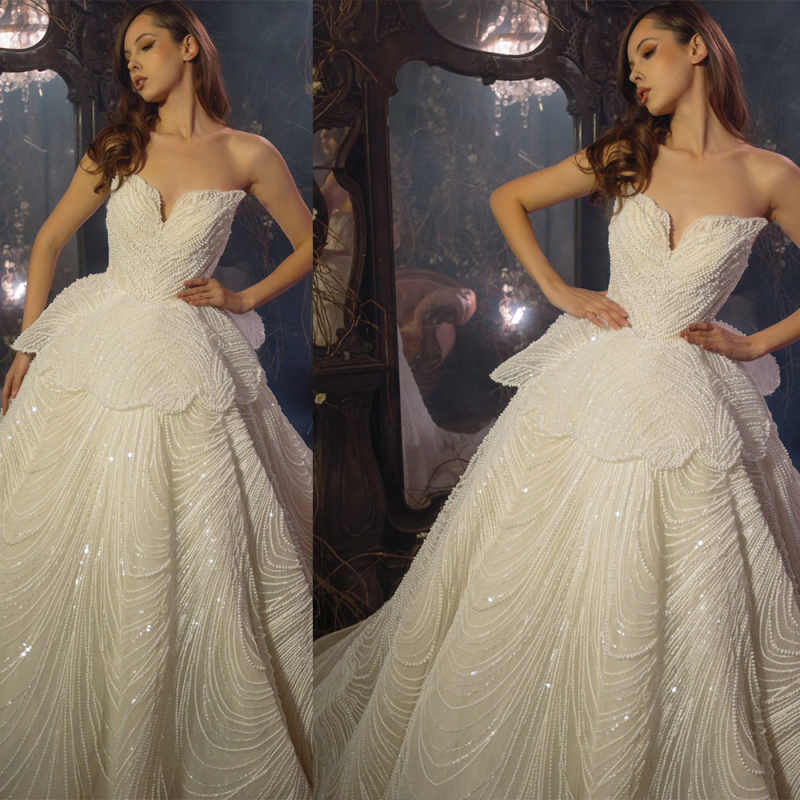 Elegant A Line Wedding Dress For Women Sweetheart Neck Sleeveless Bridal Gown Pearls Sweep Train Dresses Custom Made vestidos de novia