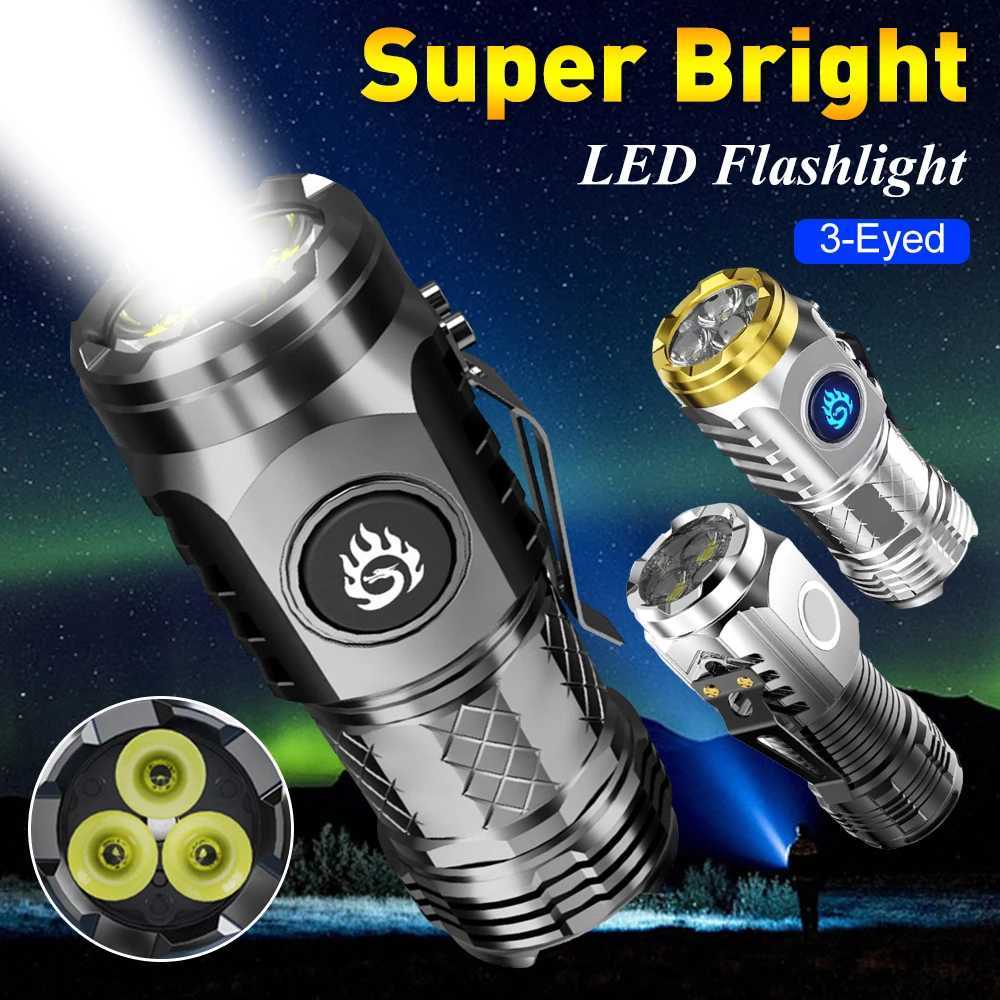 High Power LED Flashlight 3-Eyed Mini Flashlight USB Rechargeable Clip-on Torch Light Outdoor Emergency Work Lights for Hiking XJ250529
