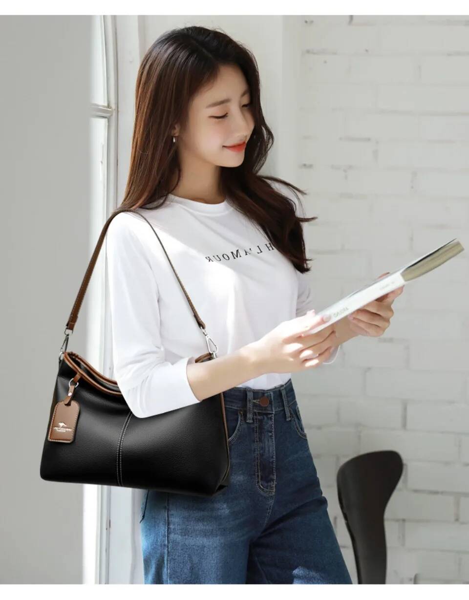 High Quality Soft Pu Leather Shoulder Hand Bags For Women Mother Handbags Color Contrast Crossbody Bag Small Casual Tote 2 Strap