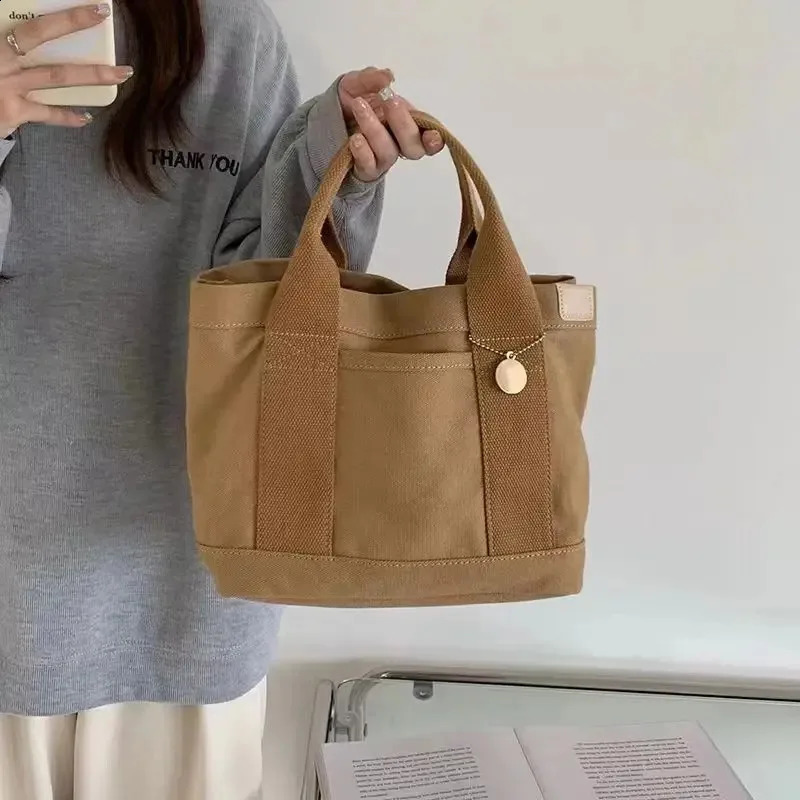 Multipocket womens canvas tote bag solid color ner ladies casual commuting handbag large capacity coffee camping picnic bag 250528