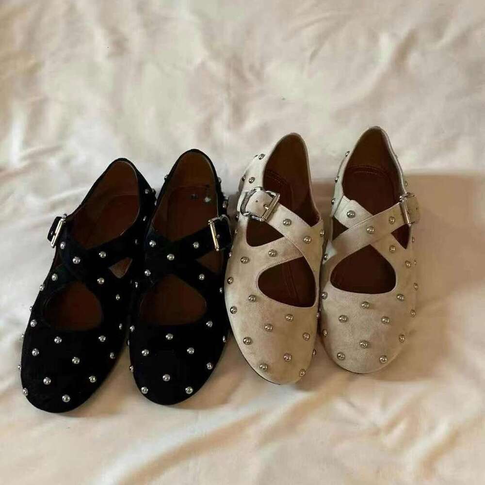Genuine Leather Korean Style Studded Round Toe Cross Strap Mary Jane for Women 2025 Spring Summer New Ballet Flat Shoes