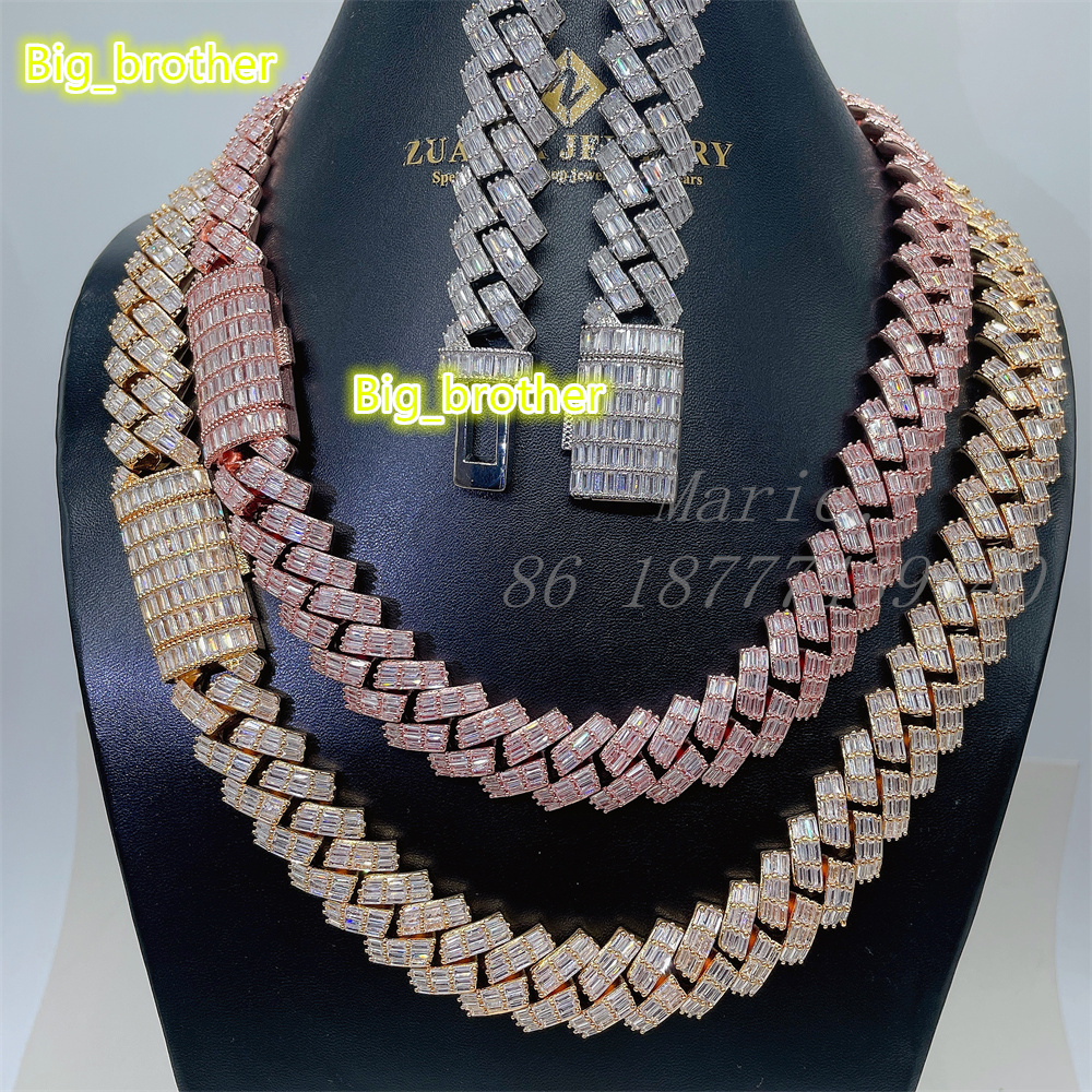 baguette Moissanite Silver Hip Hop Cuban Link 18mm Vvs High Quality baguette Diamond Hip Hop Jewelry Cuban Link Chain