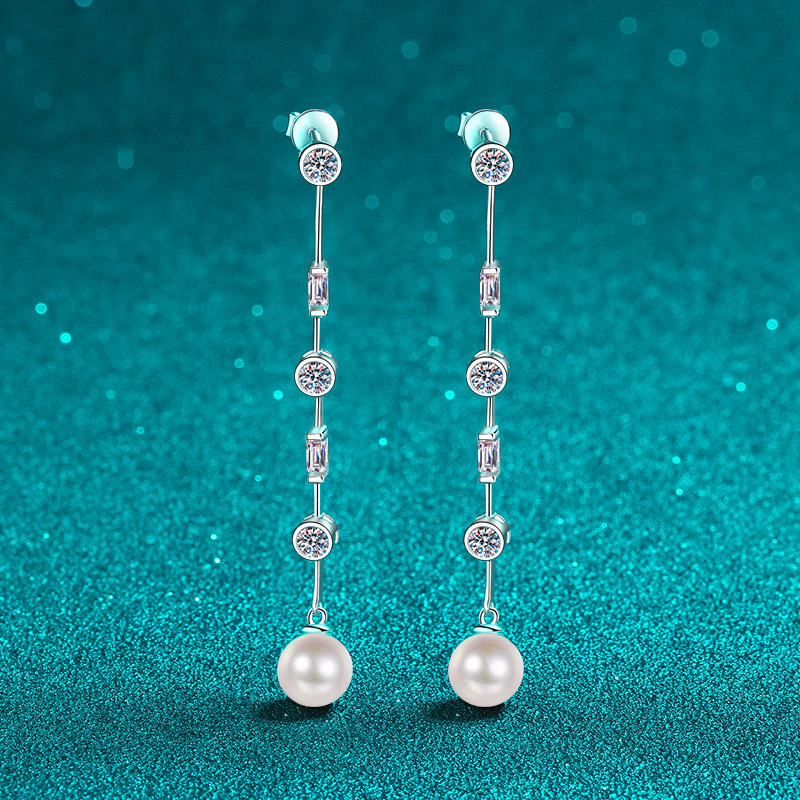 925 Sterling Silver Tassel Stud Earrings, Moissanite Freshwater Pearl Earrings, PT950 Gold Plated, Fashionable Chic Women's Jewelry, Wholesale In