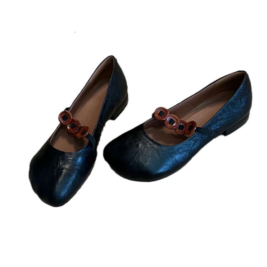 Genuine Leather French Style Round Toe Chunky Heel Single for Women, New Autumn One-Strap Shallow Mouth Mary Jane Ballet Shoes