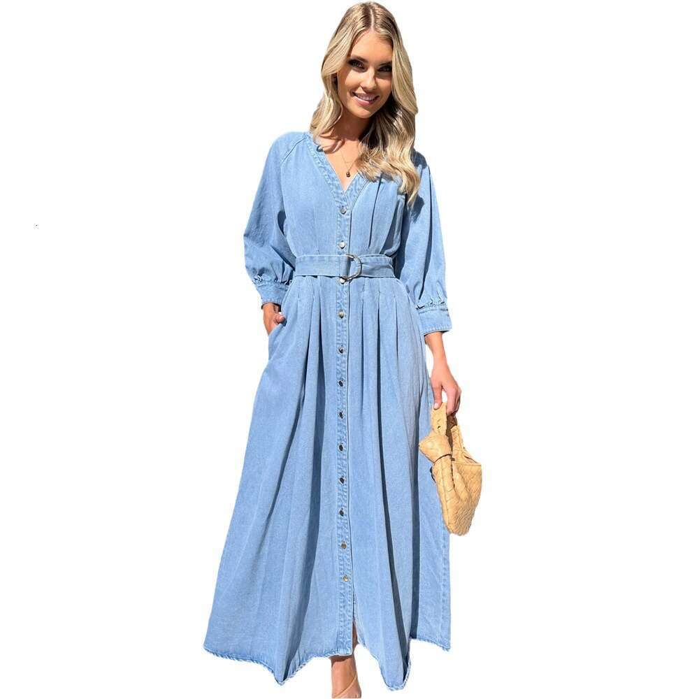 Autumn Winter New V-Neck Tie Waist Casual Button Denim Long Dress B5