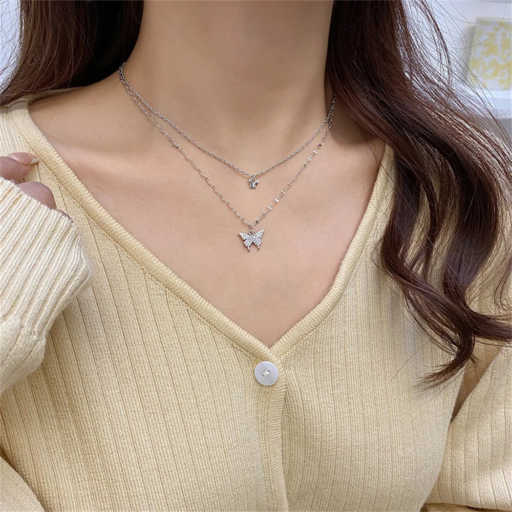 Shiny Butterfly Necklace Ladies Exquisite Double Layer Clavicle Chain Jewelry for Gift 250519