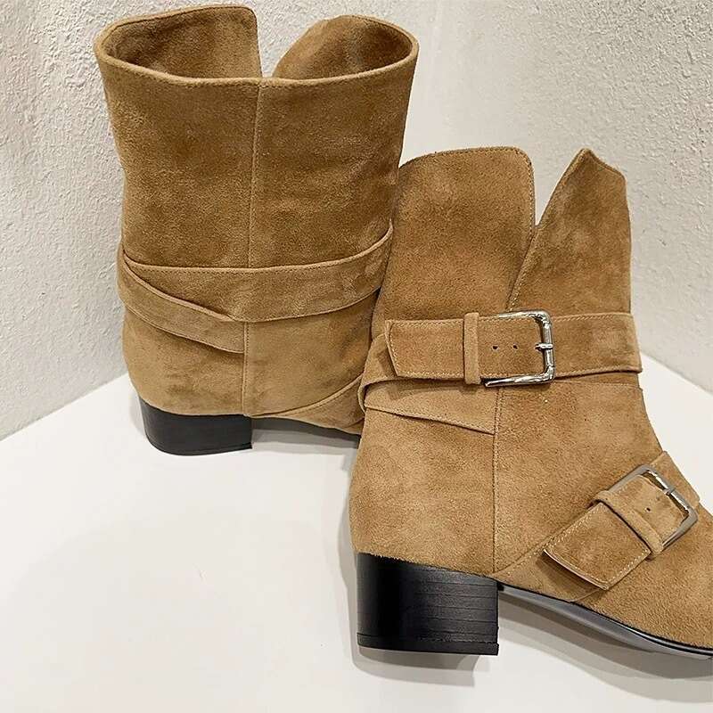 Korean Style Niche Two-Way Pointed Toe Western Cowboy Belt Buckle Chunky Heel Suede Mid-Calf Slim Short Boots for Women Autumn Winter