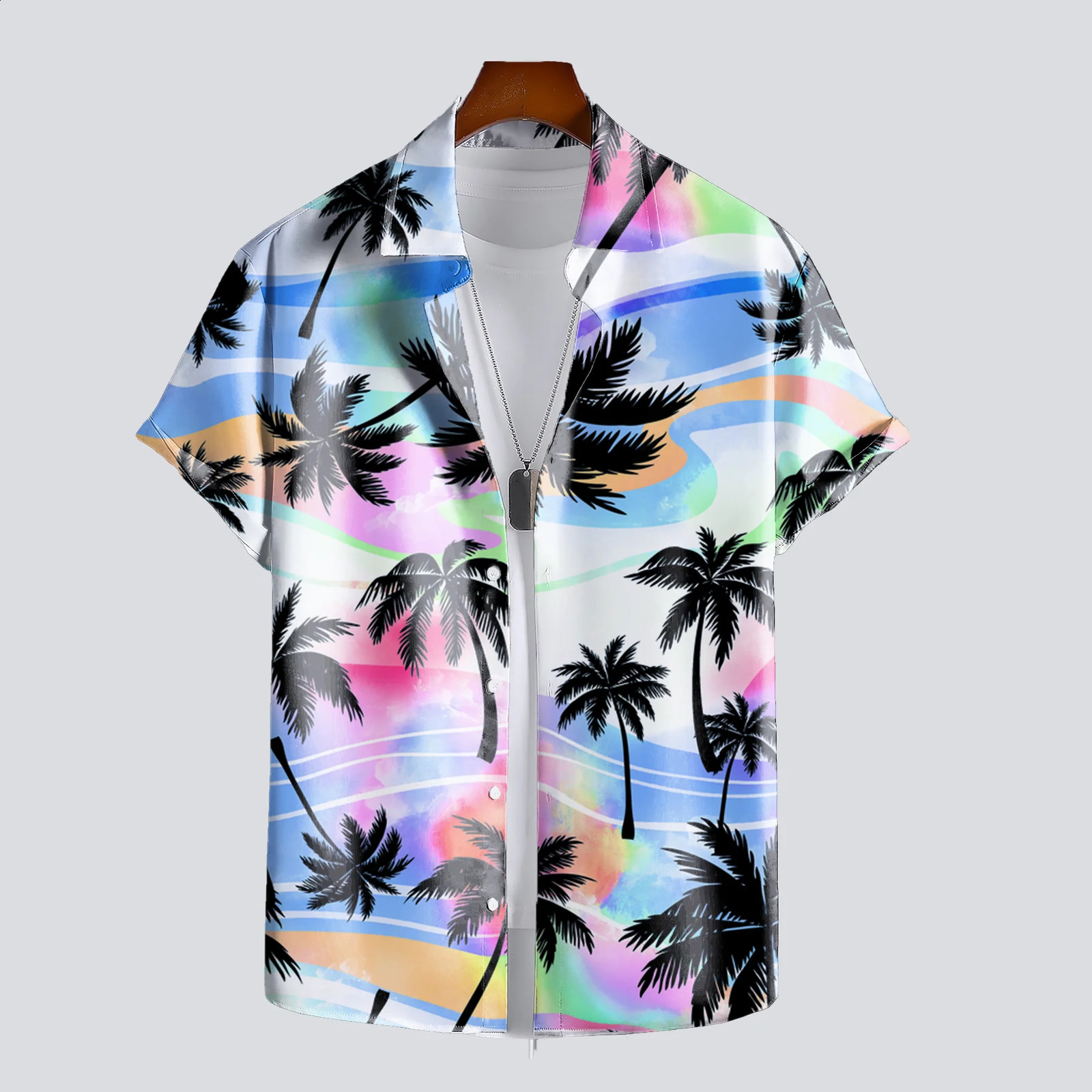 Mens Summer 3D Printed Hawaiian Landscape Graphic Hawaiian Shirt Casual Printed Floral Short Sleeve Hawaiian Tropical Top 250527