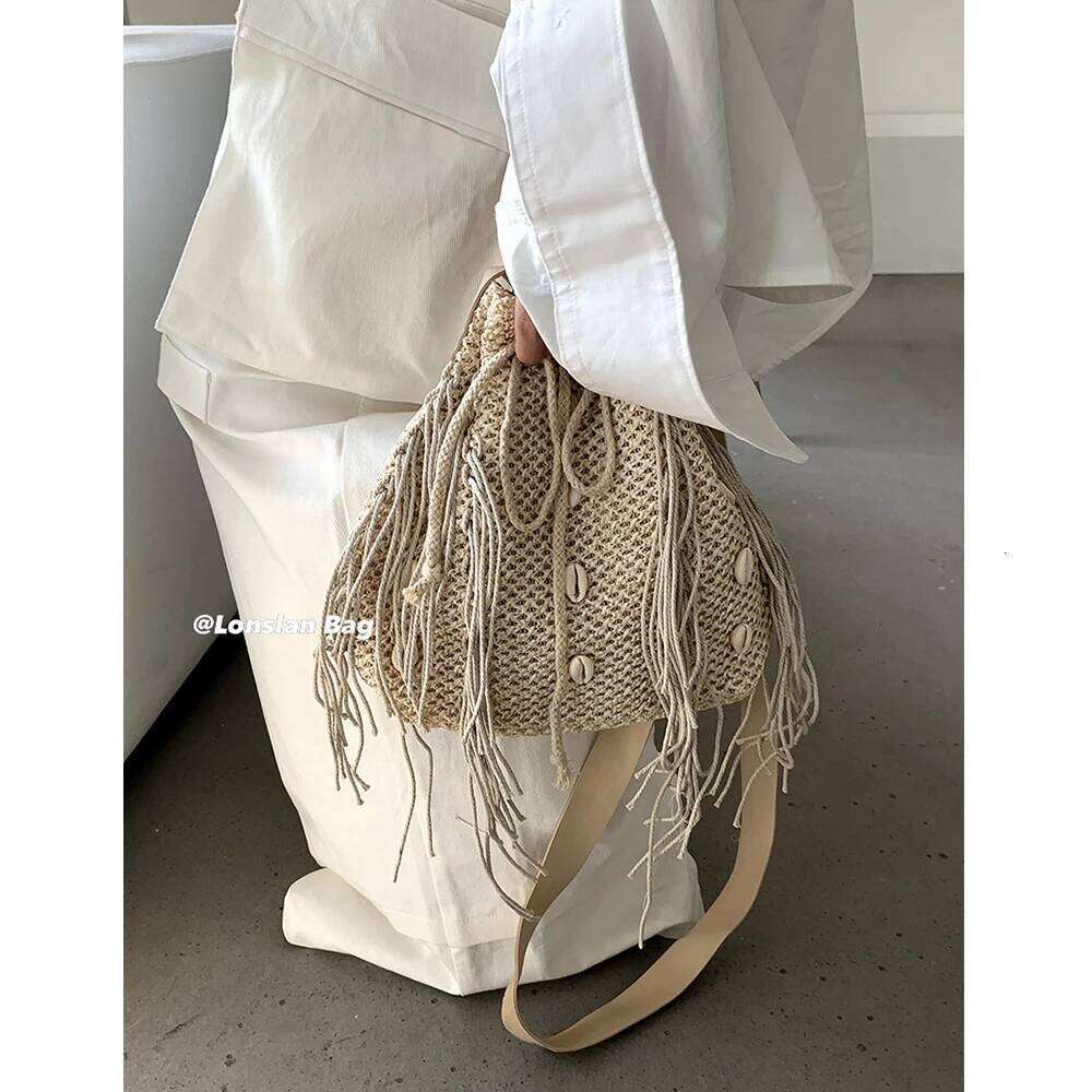 Women's Bags Designer Tassel Shell Straw Summer Bucket For Women Wide Strap Shoulder Bag Bohemian Rattan Beach Bags Purses And Handbags Chic