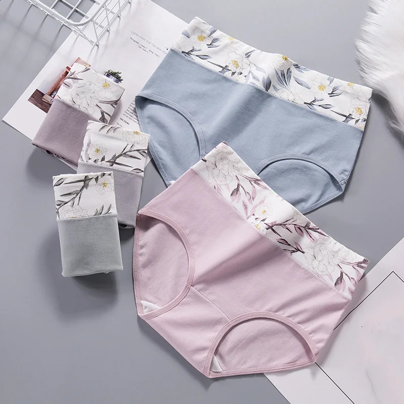 4Pcs High Waist Cotton Women Panties Body Slimming Underwear Breathable Fashion Print Briefs Girls Underpants Female Lingerie 250526