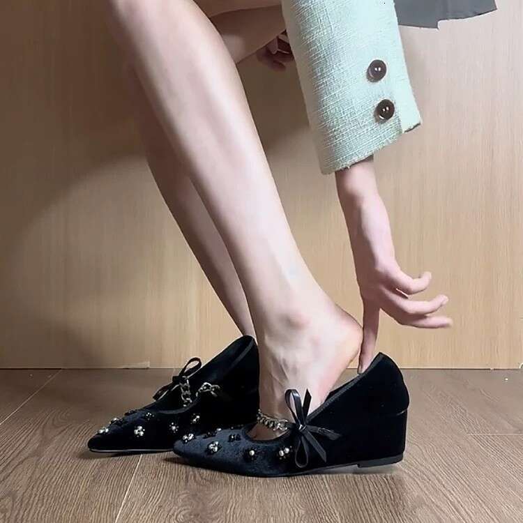 Genuine Leather Velvet French Style Shallow Pointed Toe Wedge Metal Strap Mary Jane Shoes for Women 2025 Spring High Heels