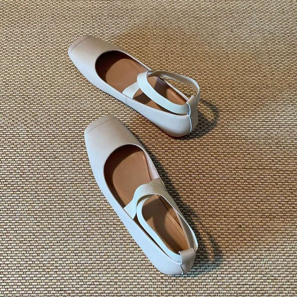 Genuine Leather Korean Style Square Toe Cross Strap Flat Ballet Women Spring Autumn New Versatile Mary Jane Shoes