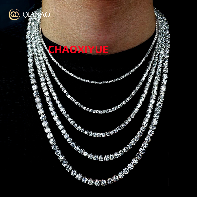 Fine Jewelry 100% 925 Silver Chain Necklace 3MM Hip Hop Vvs Moissanite Diamond Tennis Chain Iced Out Chain Mens Necklaces
