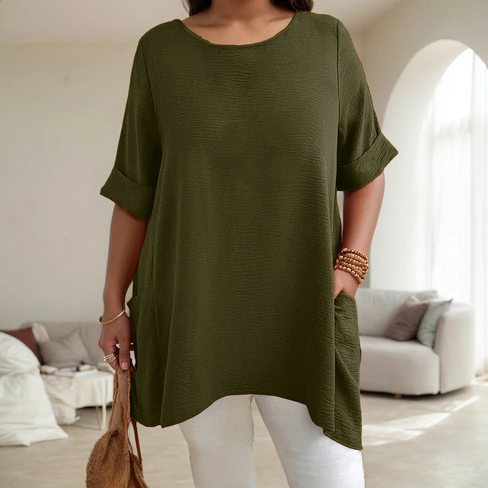 Plus Size Womens Solid ONeck Dropped Shoulder Sleeve Pockets Tunic Tops Summer Ladies Casual Pullover T Shirts Tee 1XL5XL 250519