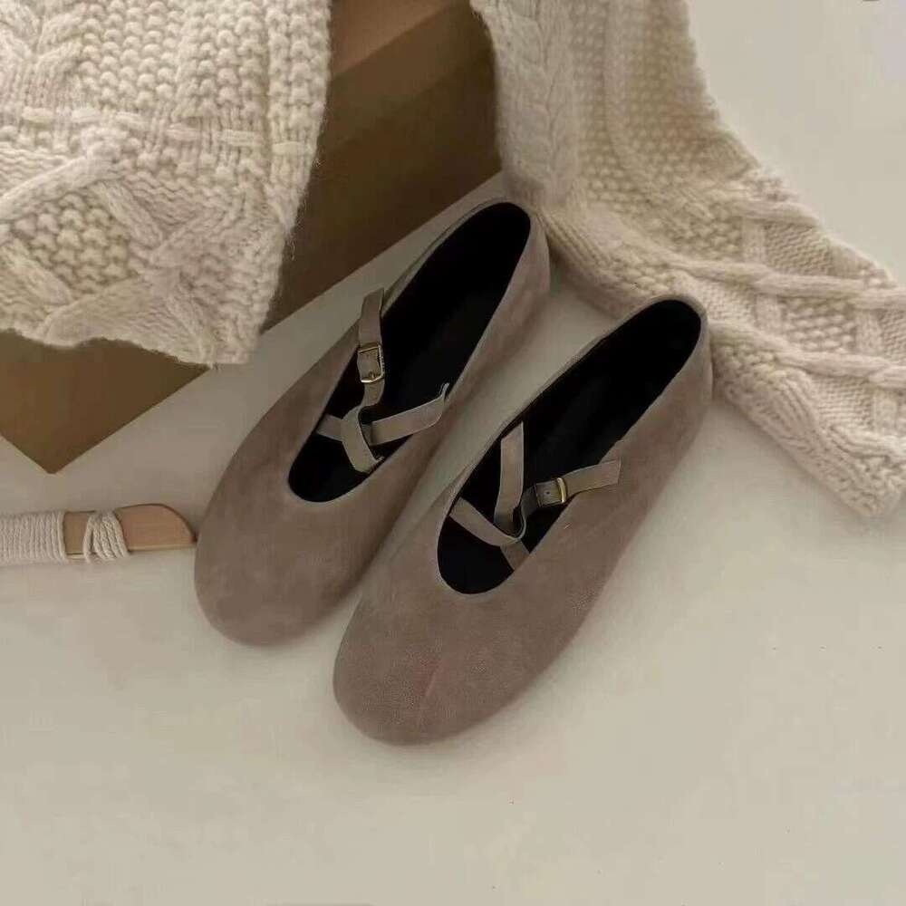 Genuine Leather Korean Style Cross Buckle Round Toe Shallow Mouth Mary Jane for Women 2025 New Spring Summer Versatile Flat Shoes