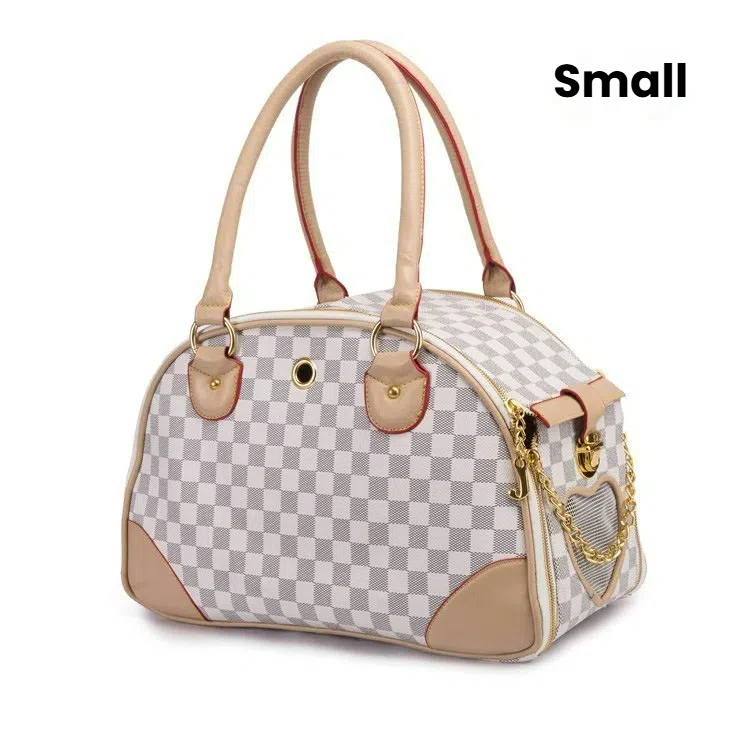 Luxury Designer Pet Carrier Bag for Small Medium Dogs Cats - Airline Approved Travel Tote Purse with Mesh Ventilation (White/Brown, Small/Large)