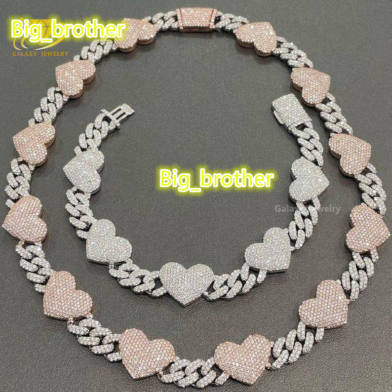 Factory Wholesale Cuban Necklace Hip Hop 14mm Love Heart Moissanite VVS Full Iced Out Diamond Solid 925 Silver Cuban Link Chain
