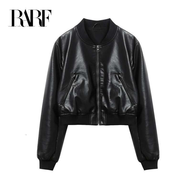 RARF Women's new Pure black vintage imitation leather bomber jacket coat top women's style