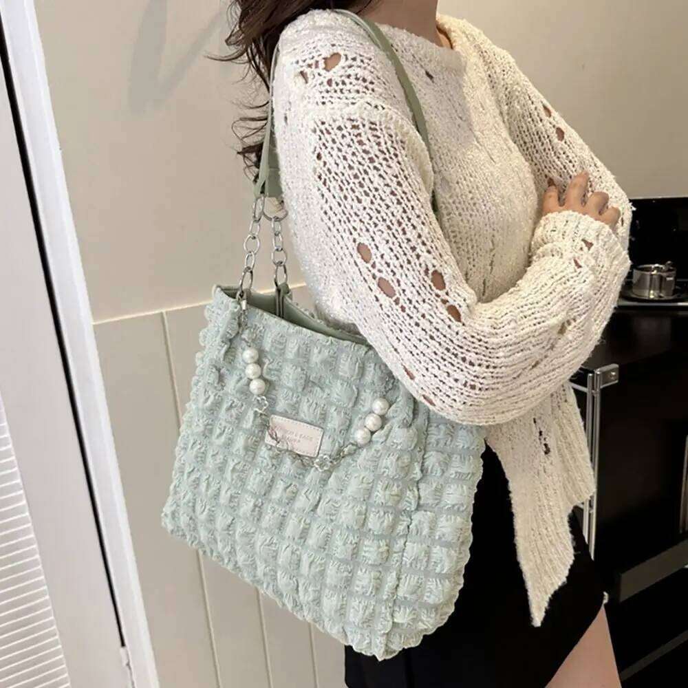 Large Capacity Ladies Tote Bag Fashion Plaid Women's Beaded Chain Shoulder Bags Soft Fabric Commuter Female Handbags Purse