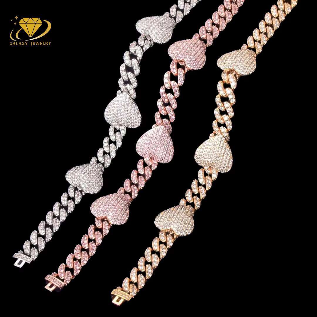 Factory Wholesale Cuban Necklace Hip Hop 14mm Love Heart Moissanite VVS Full Iced Out Diamond Solid 925 Silver Cuban Link Chain