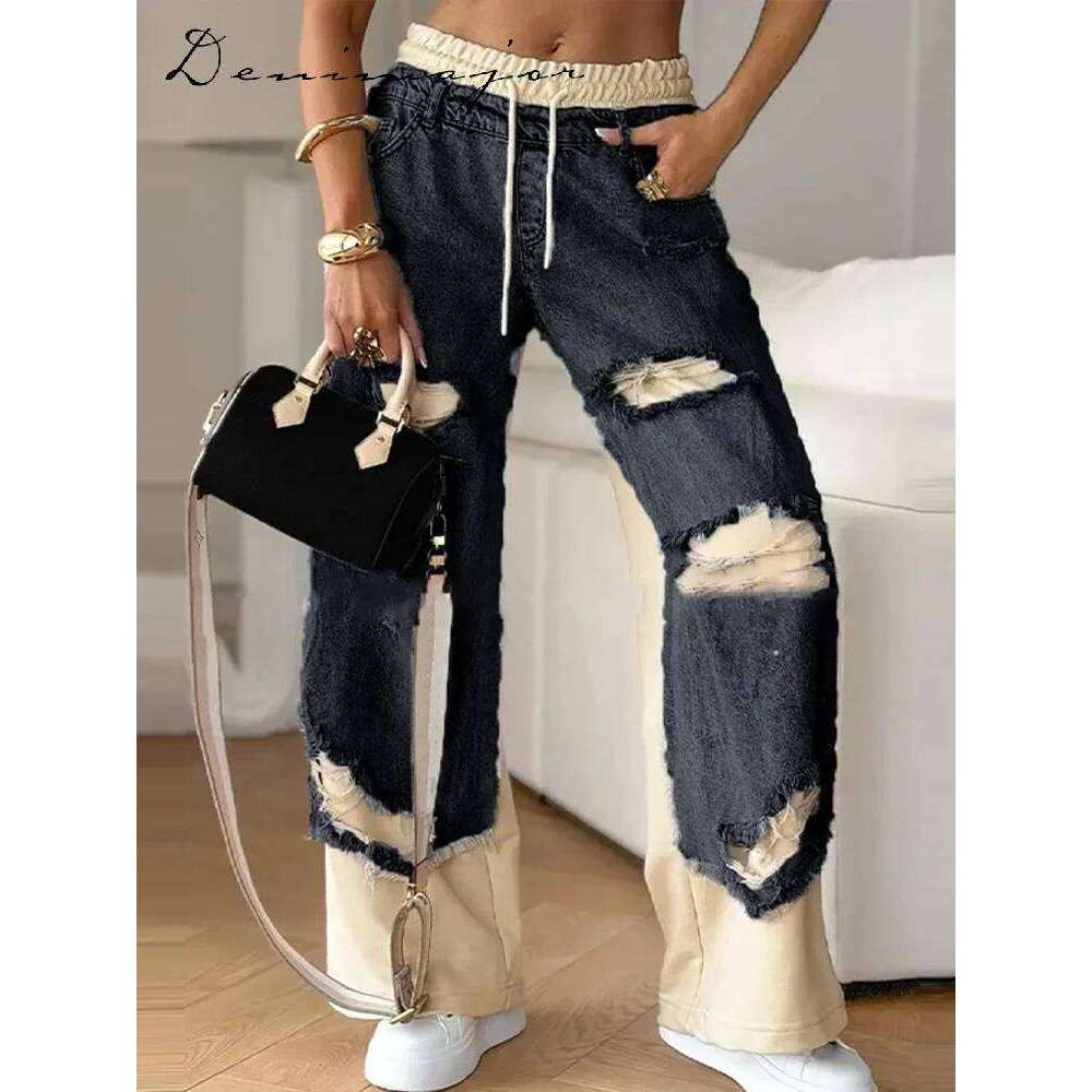 Casual Patchwork Jeans Women Loose Drawstring Low Waist Pockets Zipper Straight Leg Pants 2025 Spring Summer Street Lady Trouser