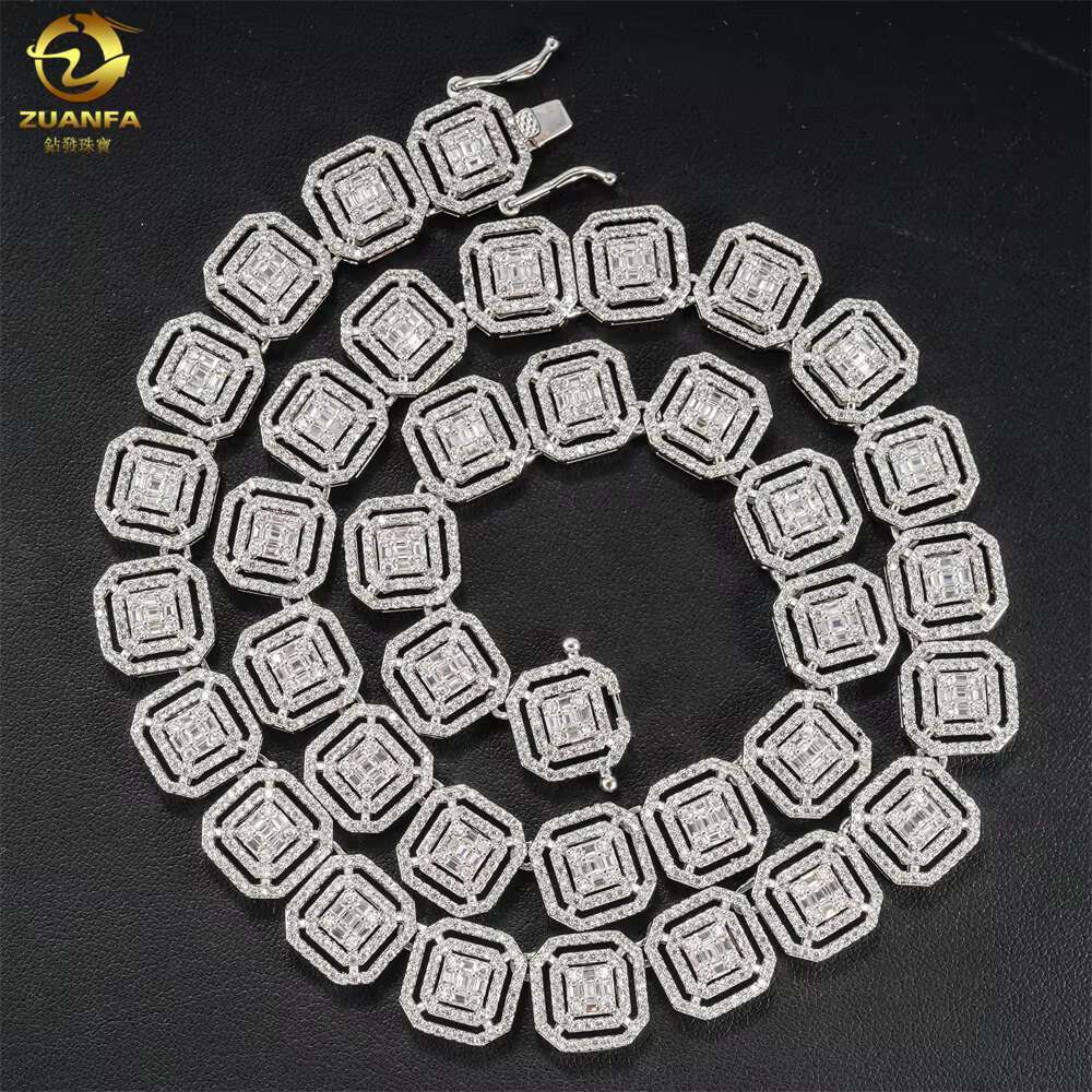 Zuanfa Jewelry Hip Pop Chain 925 Silver Diamond Necklace Pass Tester Double Lock Solid Silver Moissanite Necklace