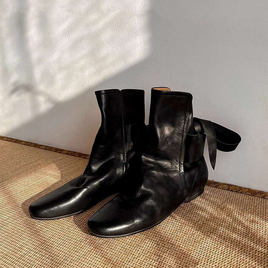 Genuine Leather Niche Dyed British Style Martin for Women, Autumn Winter Chelsea Ankle with Bowknot, Flat Pleated Slouch Boots