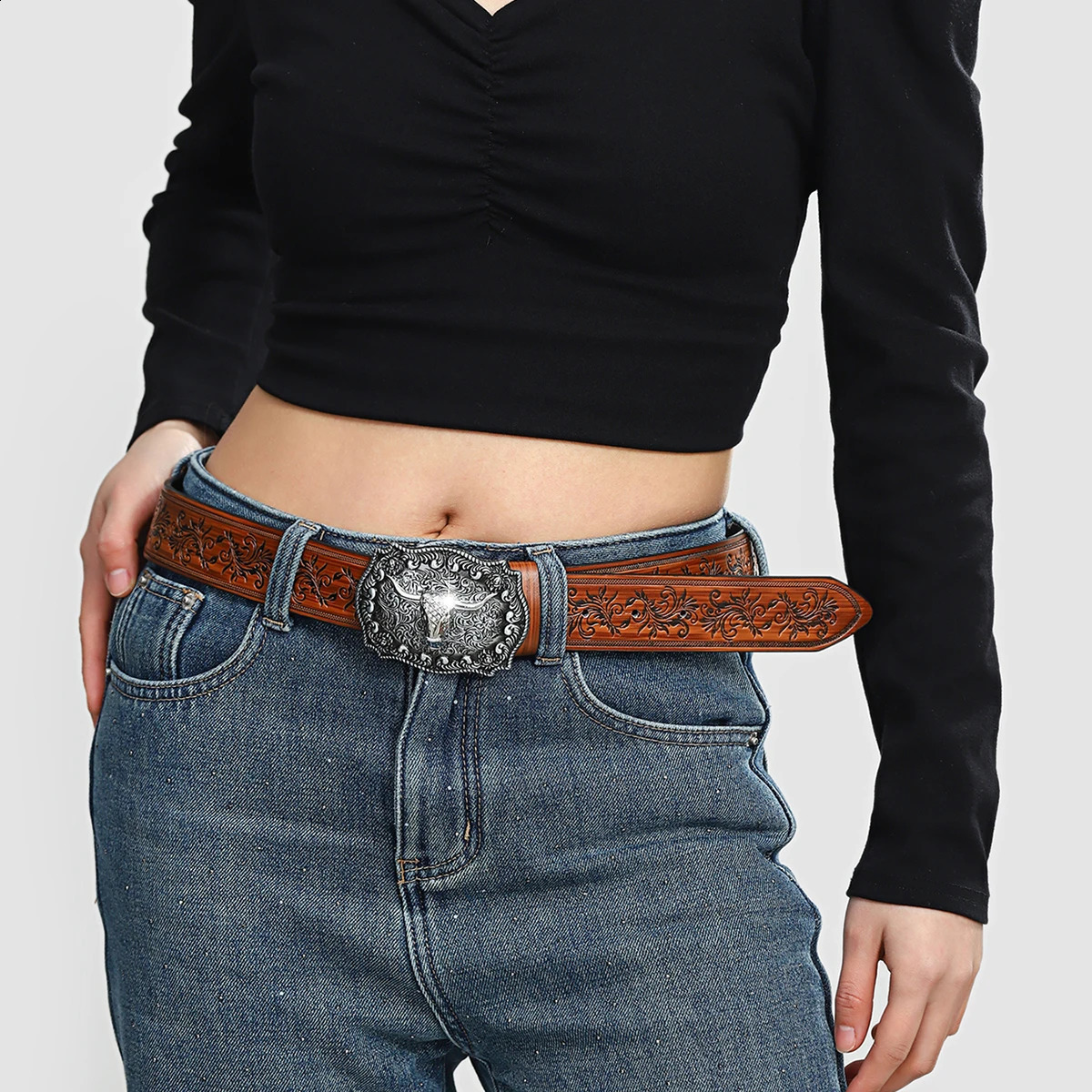 Vintage Turquoise Buckle Belt Classic Embossed Western Faux Leather Belt Vintage Denim Cowgirl Jeans Pants Belt for Women Daily 250521