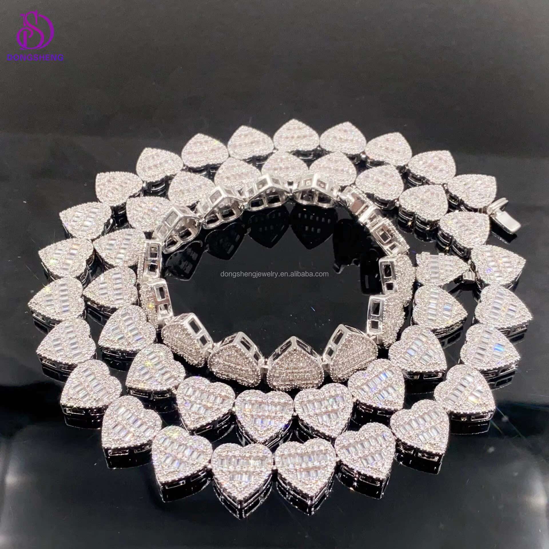 New Trendy 925 Sterling Silver Heart Shape Moissanite Link Chain for Women Fashion Hip Hop Iced Out Cuban Link Bracelet