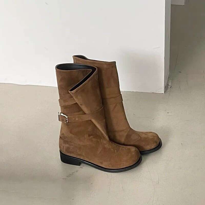 Korean Niche Foldable Wide Tube Mid-Calf Western Cowboy for Women Autumn Winter Thick Heel Round Toe Belt Buckle Martin Boots