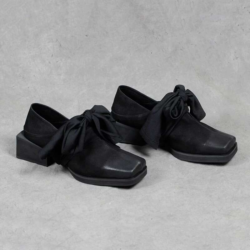 Genuine Niche Square Toe Chunky Heel Bowknot Strap Two-Way Loafers for Women 2025 Spring Small Leather Single Shoes