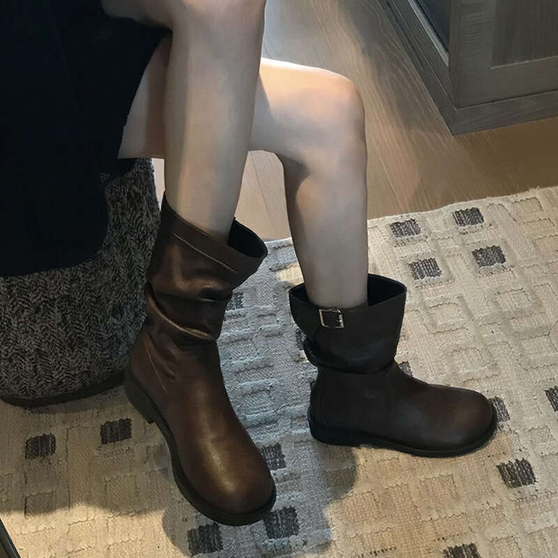 Genuine Leather Korean Style Short for Women 2024 Autumn Winter New Chunky Heel Round Toe Slouch Mid-Calf Slim Martin Boots