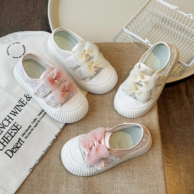 Girls Casual Flat Shoes Summer Children Versatile Bow Princess Shoes Kids Cute Sweet Mesh Tennis Shoes with Sequins 250527
