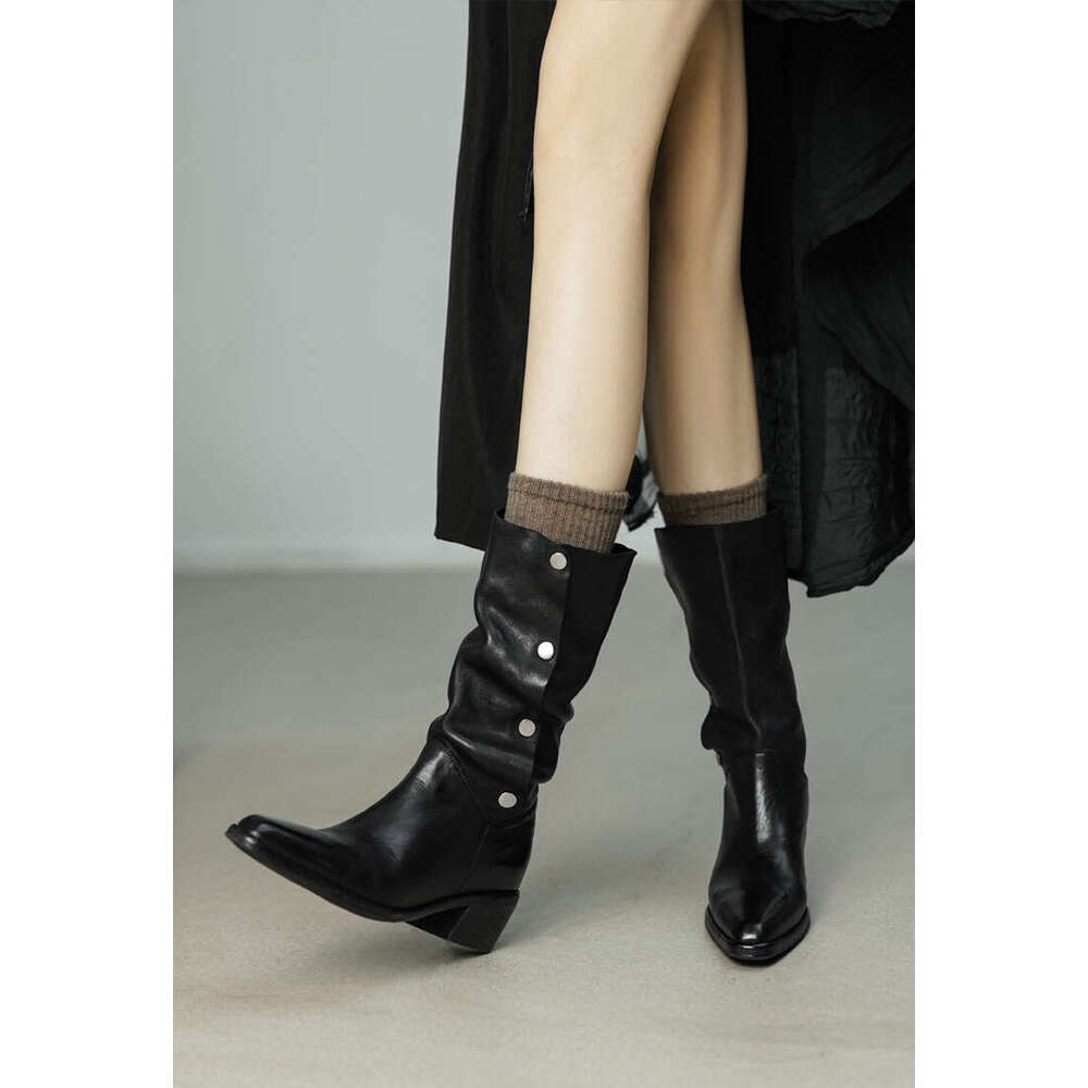 British Style High-End Niche Turn-Down Collar Two-Way Western Cowboy for Women, Autumn and Winter Thick Heel Mid-Calf Riding Boots